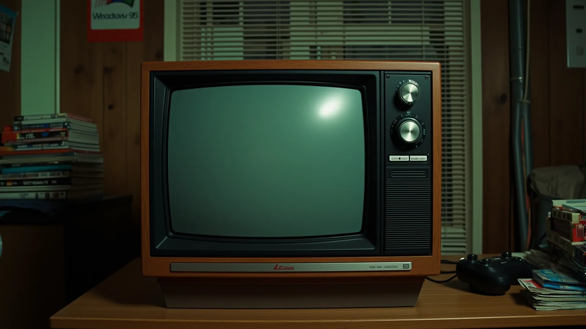 A wood-grain 1980s TV on ALF's desk at night